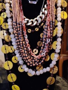 Vintage Costume Jewelry Lot 6pc Boho Statement Necklaces Mother of Pearl Wood